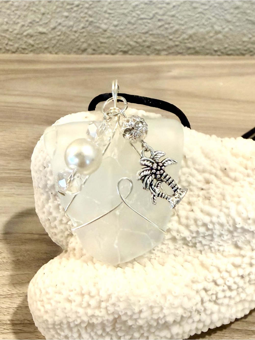 24. Handmade frosted white crackled Sea Glass Palm Tree Pendant Necklace
